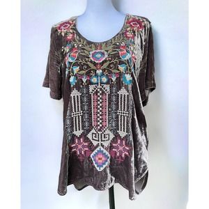 JOHNNY WAS JWLA DANI VELVET BOHO EMBROIDERED BLOUSE TUNIC TOP Brown Womens S